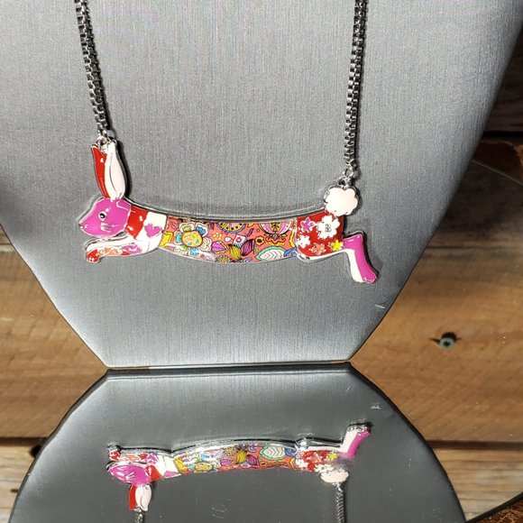 Enamel & Silver Running Rabbit - Bunny - Choker Necklace - Hand Painted - Picture 8 of 9